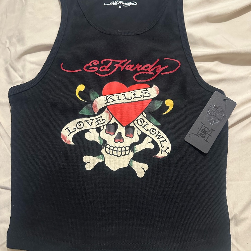 Ed Hardy Black Tank Top with Skull and Heart Design